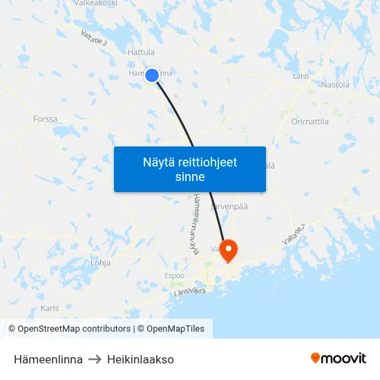 Hämeenlinna to Heikinlaakso map