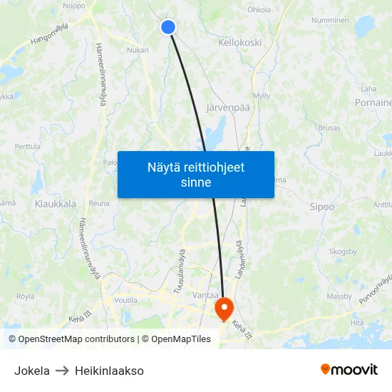 Jokela to Heikinlaakso map