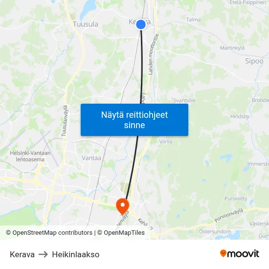 Kerava to Heikinlaakso map