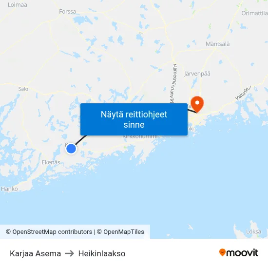 Karjaa Asema to Heikinlaakso map