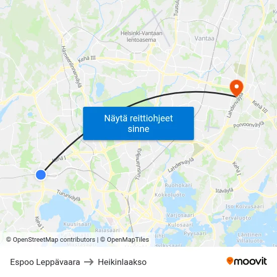 Espoo Leppävaara to Heikinlaakso map