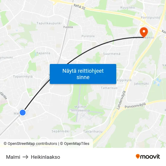 Malmi to Heikinlaakso map