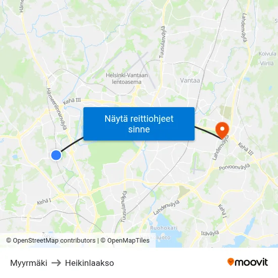 Myyrmäki to Heikinlaakso map