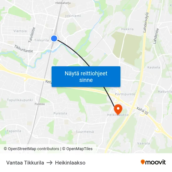 Vantaa Tikkurila to Heikinlaakso map