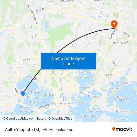 Aalto-Yliopisto (M) to Heikinlaakso map