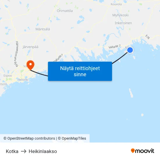Kotka to Heikinlaakso map