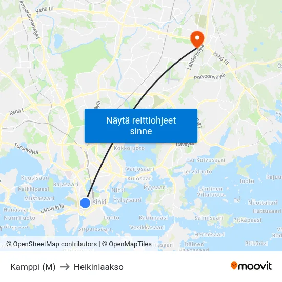 Kamppi (M) to Heikinlaakso map