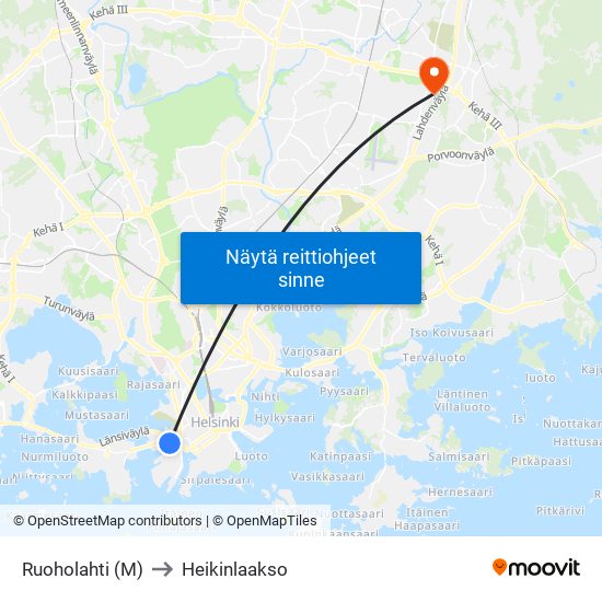 Ruoholahti (M) to Heikinlaakso map