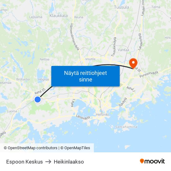Espoon Keskus to Heikinlaakso map