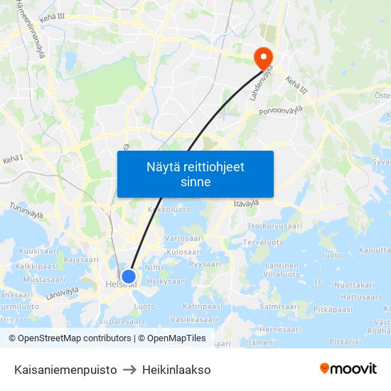 Kaisaniemenpuisto to Heikinlaakso map