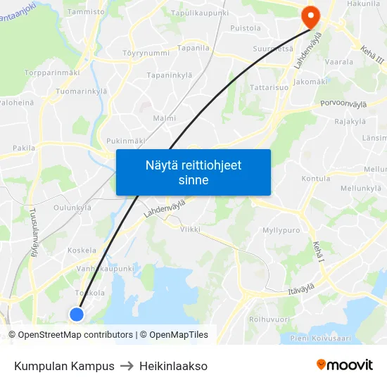 Kumpulan Kampus to Heikinlaakso map