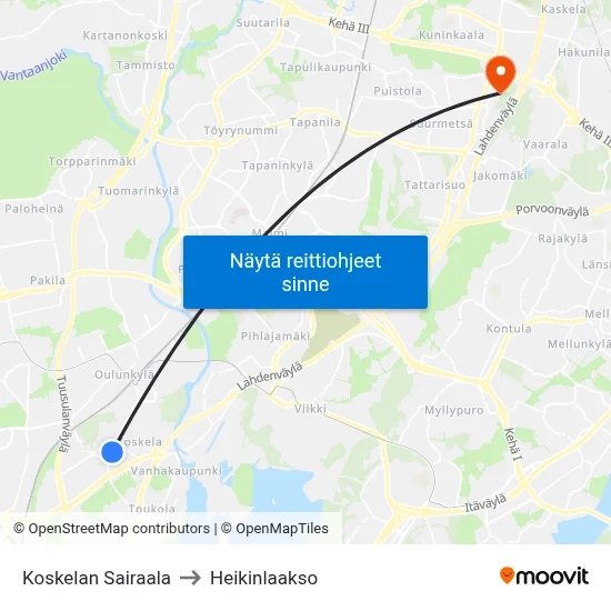 Koskelan Sairaala to Heikinlaakso map