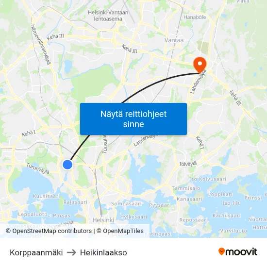 Korppaanmäki to Heikinlaakso map