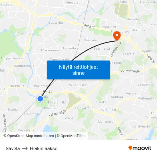 Savela to Heikinlaakso map