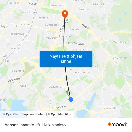 Vanhanlinnantie to Heikinlaakso map
