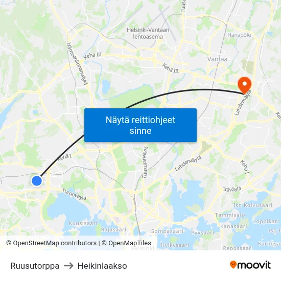 Ruusutorppa to Heikinlaakso map