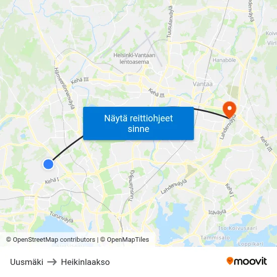 Uusmäki to Heikinlaakso map