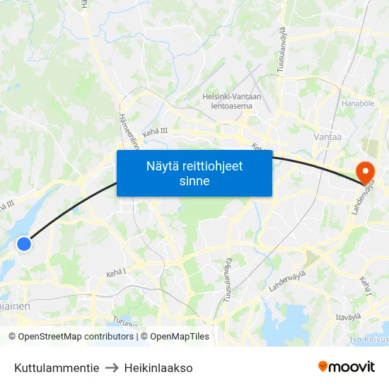 Kuttulammentie to Heikinlaakso map