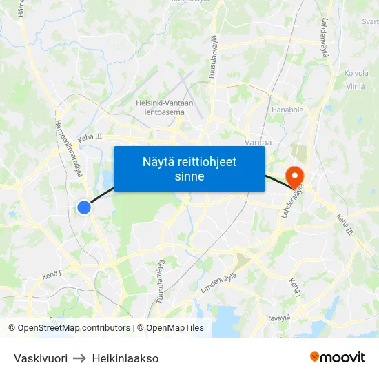 Vaskivuori to Heikinlaakso map