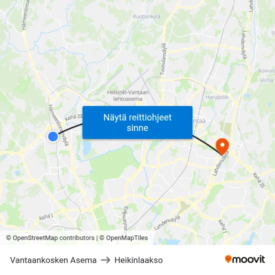 Vantaankosken Asema to Heikinlaakso map