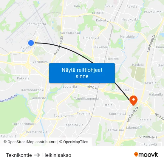 Teknikontie to Heikinlaakso map