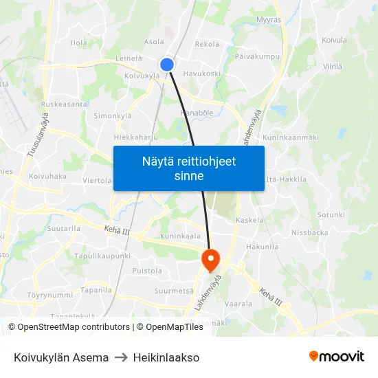 Koivukylän Asema to Heikinlaakso map