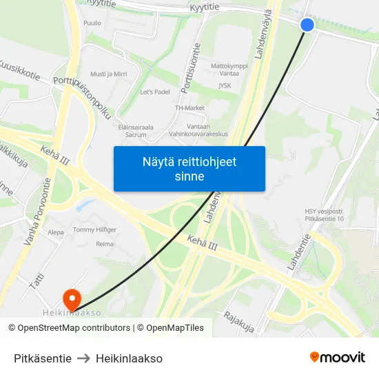 Pitkäsentie to Heikinlaakso map