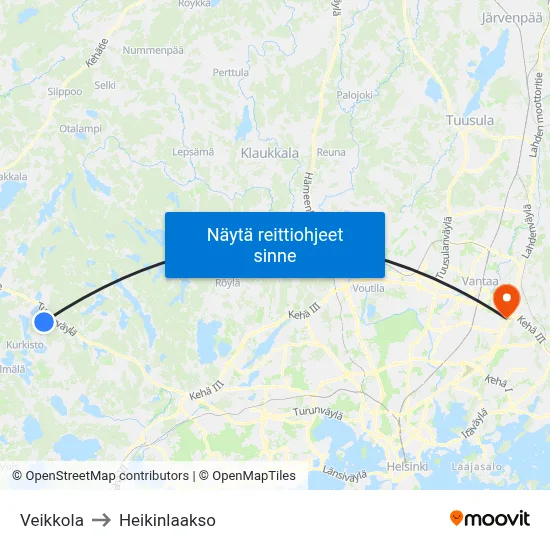 Veikkola to Heikinlaakso map