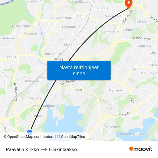 Paavalin Kirkko to Heikinlaakso map