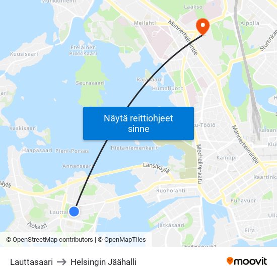Lauttasaari to Helsingin Jäähalli map