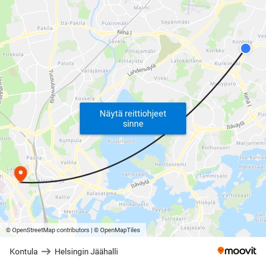 Kontula to Helsingin Jäähalli map