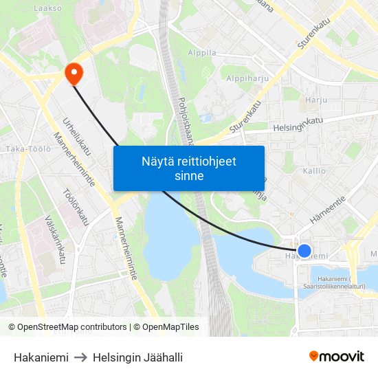 Hakaniemi to Helsingin Jäähalli map