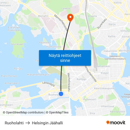 Ruoholahti to Helsingin Jäähalli map