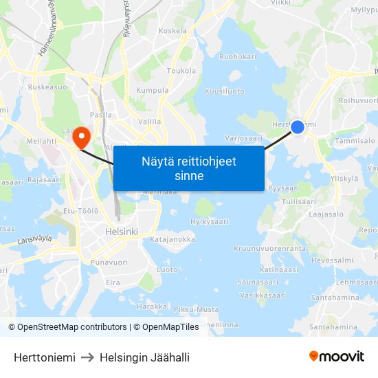 Herttoniemi to Helsingin Jäähalli map