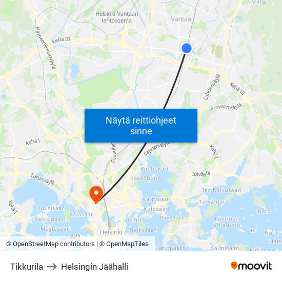 Tikkurila to Helsingin Jäähalli map