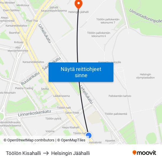 Töölön Kisahalli to Helsingin Jäähalli map