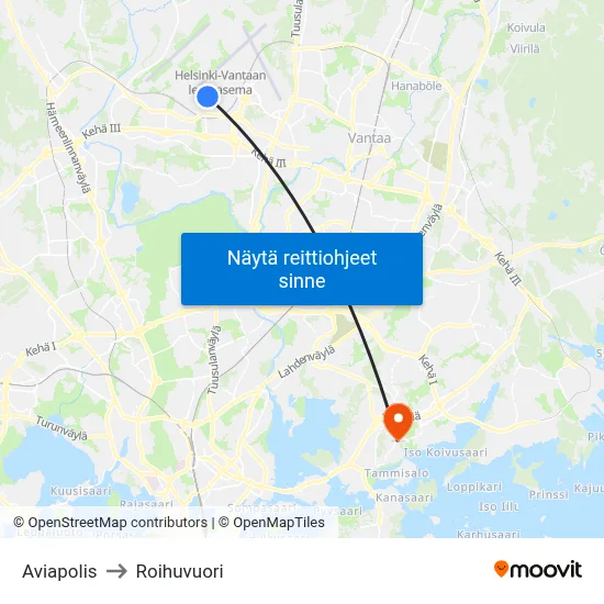 Aviapolis to Roihuvuori map