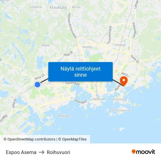 Espoo Asema to Roihuvuori map