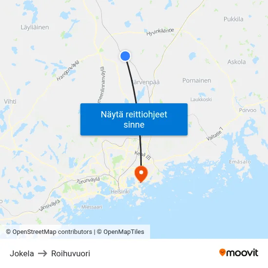 Jokela to Roihuvuori map