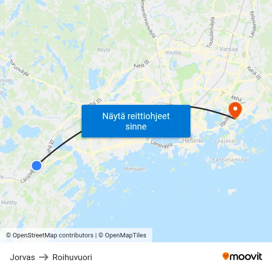 Jorvas to Roihuvuori map