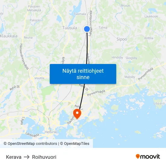Kerava to Roihuvuori map