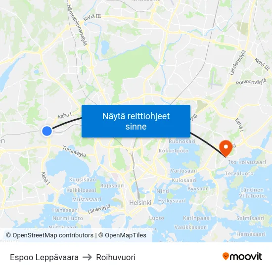 Espoo Leppävaara to Roihuvuori map