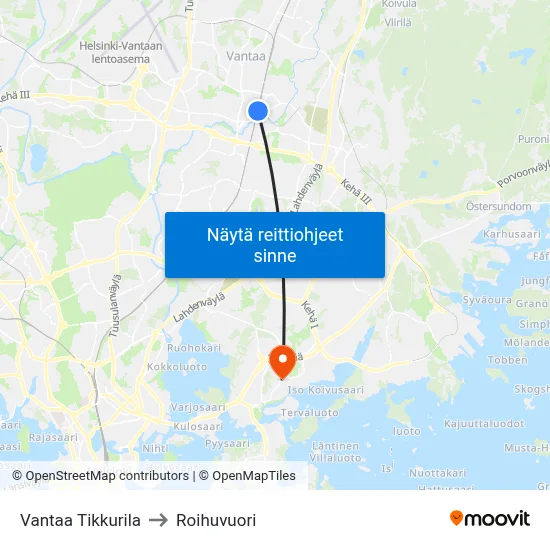 Vantaa Tikkurila to Roihuvuori map