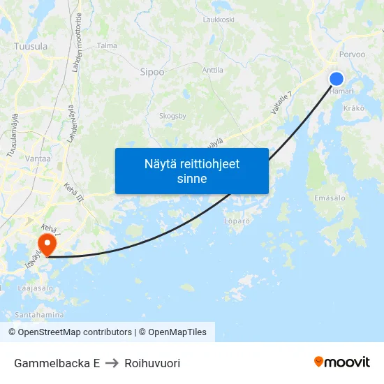 Gammelbacka E to Roihuvuori map