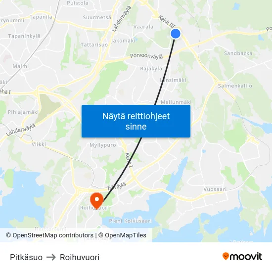 Pitkäsuo to Roihuvuori map