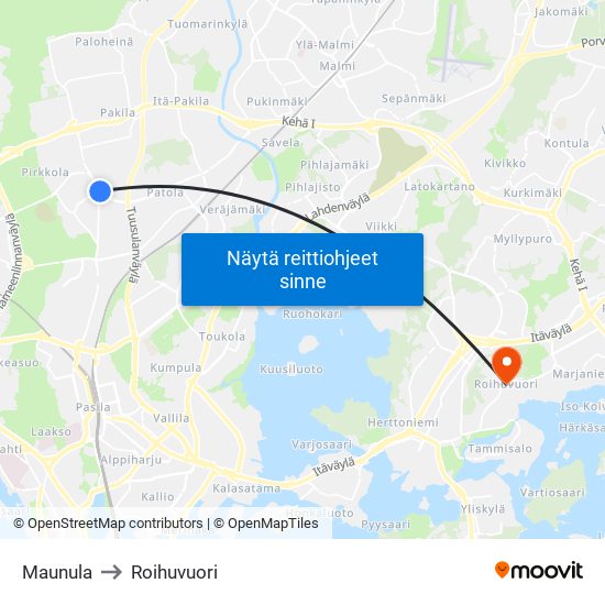 Maunula to Roihuvuori map