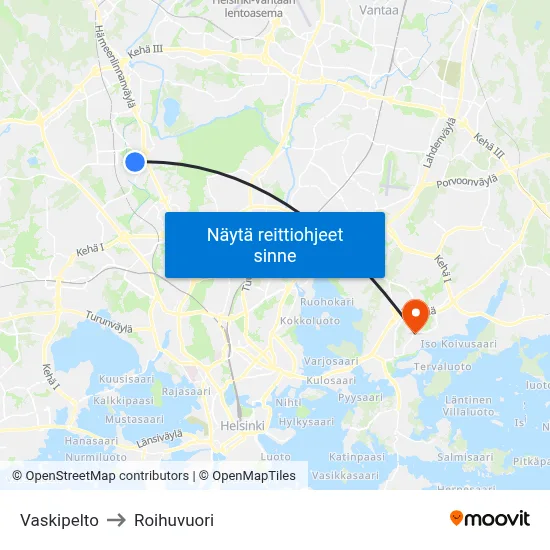 Vaskipelto to Roihuvuori map
