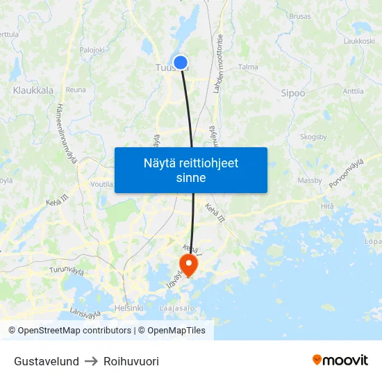 Gustavelund to Roihuvuori map