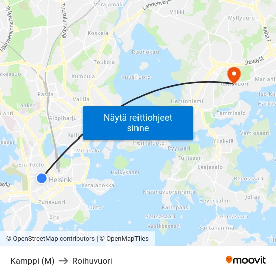 Kamppi (M) to Roihuvuori map