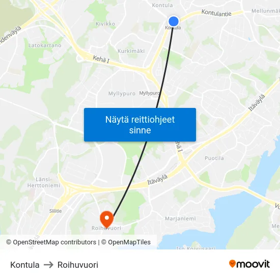 Kontula to Roihuvuori map